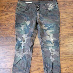 DECREE Camo Green Brown Khaki Tan Ripped Distressed Super Skinny Jeans sz 15 EUC